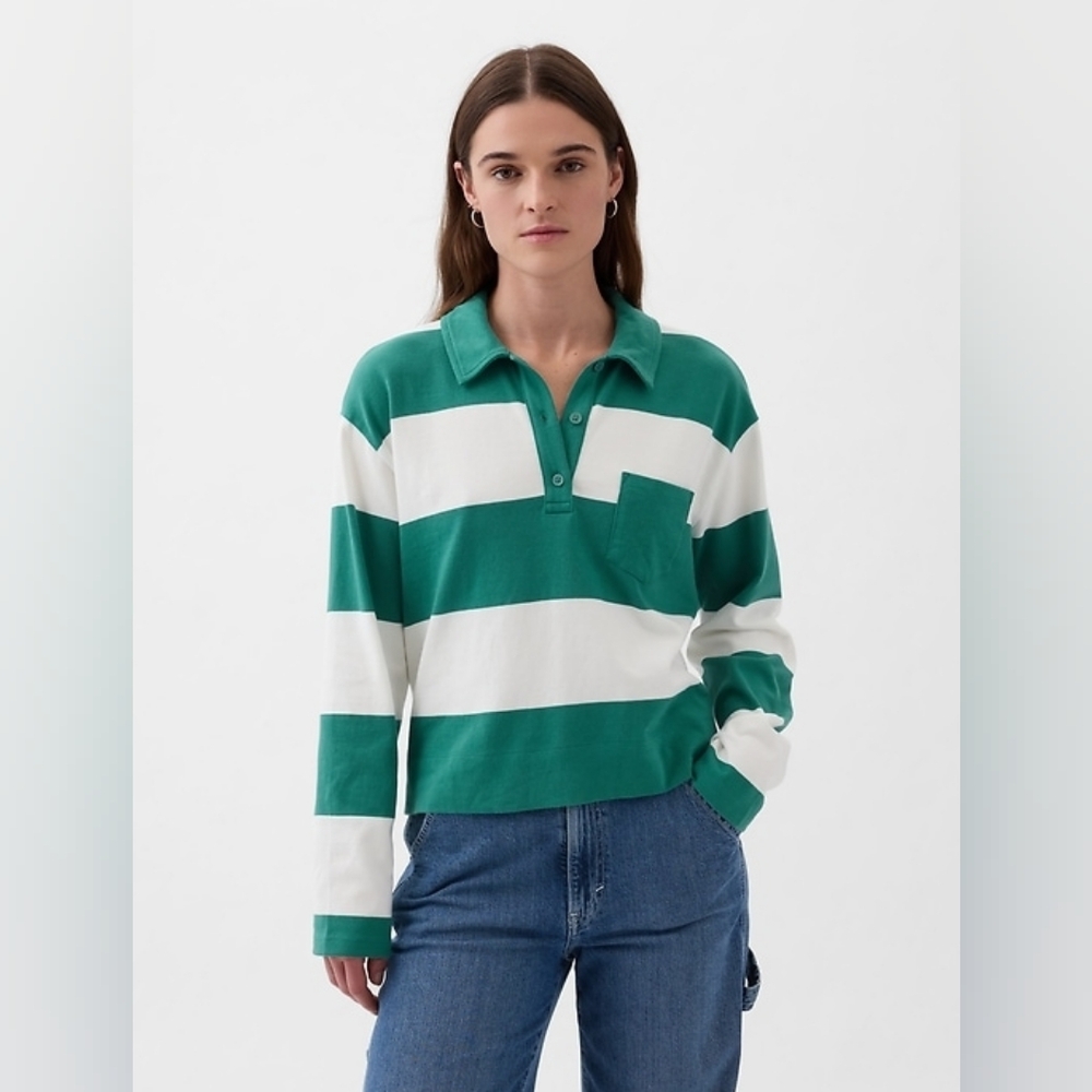 Gap Cropped Rugby Polo Shirt | Green & White | Size XS Petite